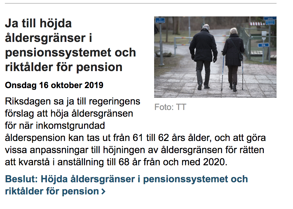 Парламент Швеции проголосовал за повышение возраста, дающего право оставаться на работе