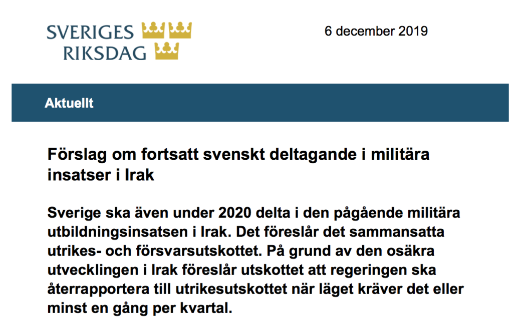 Парламентский комитет Швеции предлагает продолжить обучение военных в Ираке в 2020 году