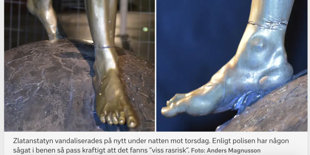 Неизвестные повредили статую легендарного шведского футболиста Златана в шведском Мальмё