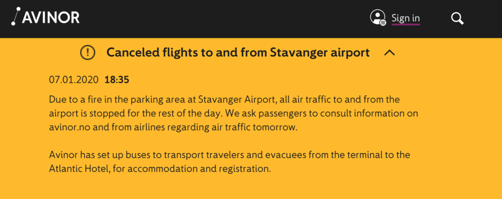 Воздушное движение в аэропорт Ставангер в Норвегии остановлено из-за пожара близ терминала