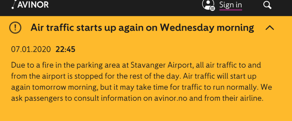 Воздушное движение в аэропорт Ставангер в Норвегии возобновится в среду утром