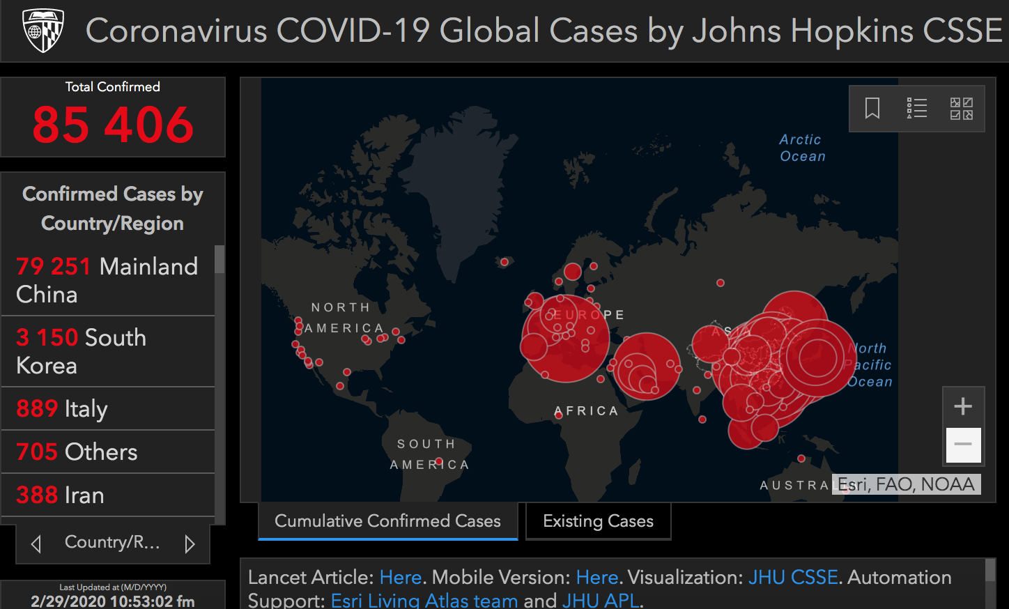 Факты o коронавирусе: карта университета Джона Хопкинса, показывающая страны с числом зараженных