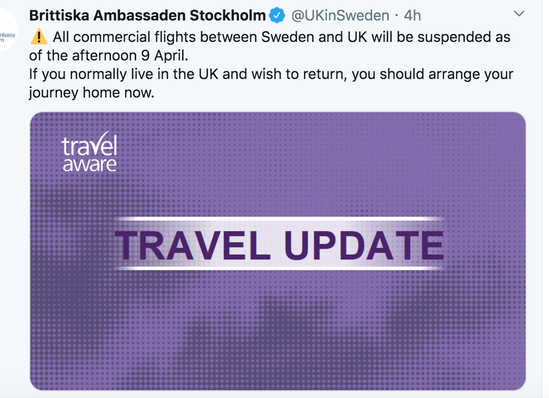 Коммерческие рейсы между Швецией и Великобританией приостанавливаются с четверга