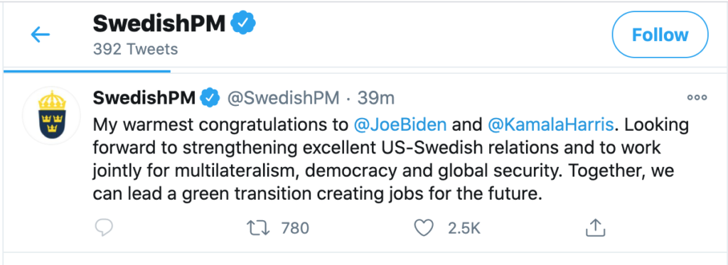 Глава правительства Швеции поздравил Байдена с избранием на пост президента США