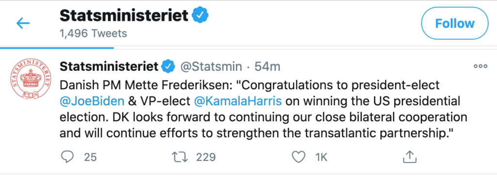 Глава правительства Дании поздравила Байдена с избранием на пост президента США
