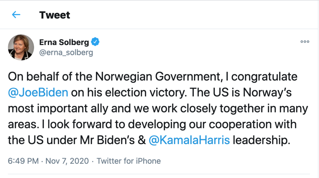 Глава правительства Норвегии поздравила Байдена с избранием на пост президента США