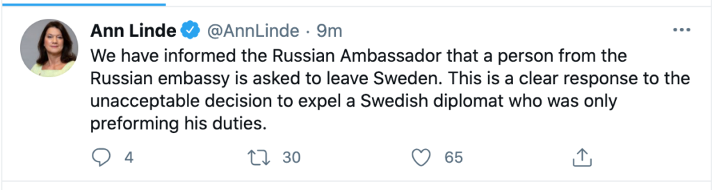 Швеция высылает дипломата РФ в ответ на высылку дипломата Швеции - МИД Швеции