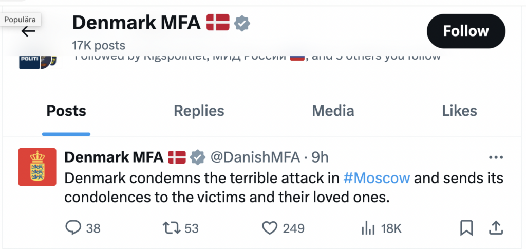 Соболезнования пострадавшим после теракта в Москве выражают в Швеции и Дании